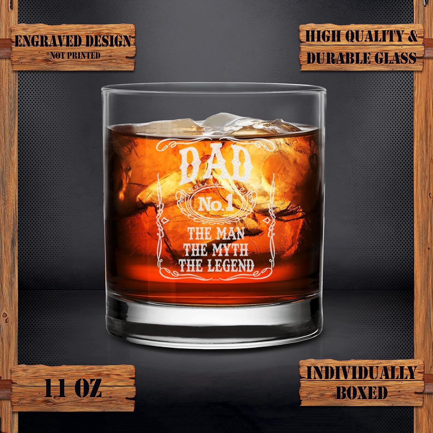 Dad No. 1 The Man The Myth The Legend Engraved Whiskey Glass, detail view